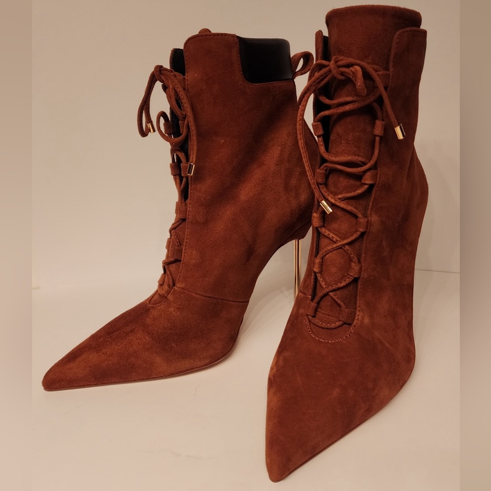 Good American Shoes Good American Brown Suede Booties Lace Up Stiletto Size 8.5 - Picture 8 of 16